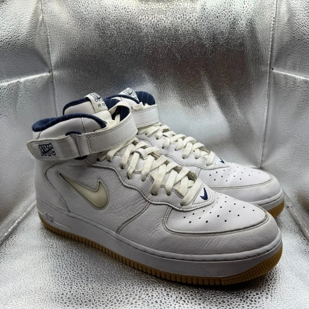 Size 13 Nike Air Force 1 Mid QS NYC Yankees‎ Mens White Sneaker Shoes DH5622-100